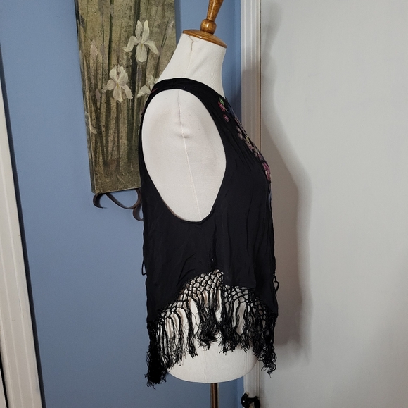 Free People Top Hanky Fringe Embroidery Hippie Boho Open Back Small Black - Picture 3 of 5